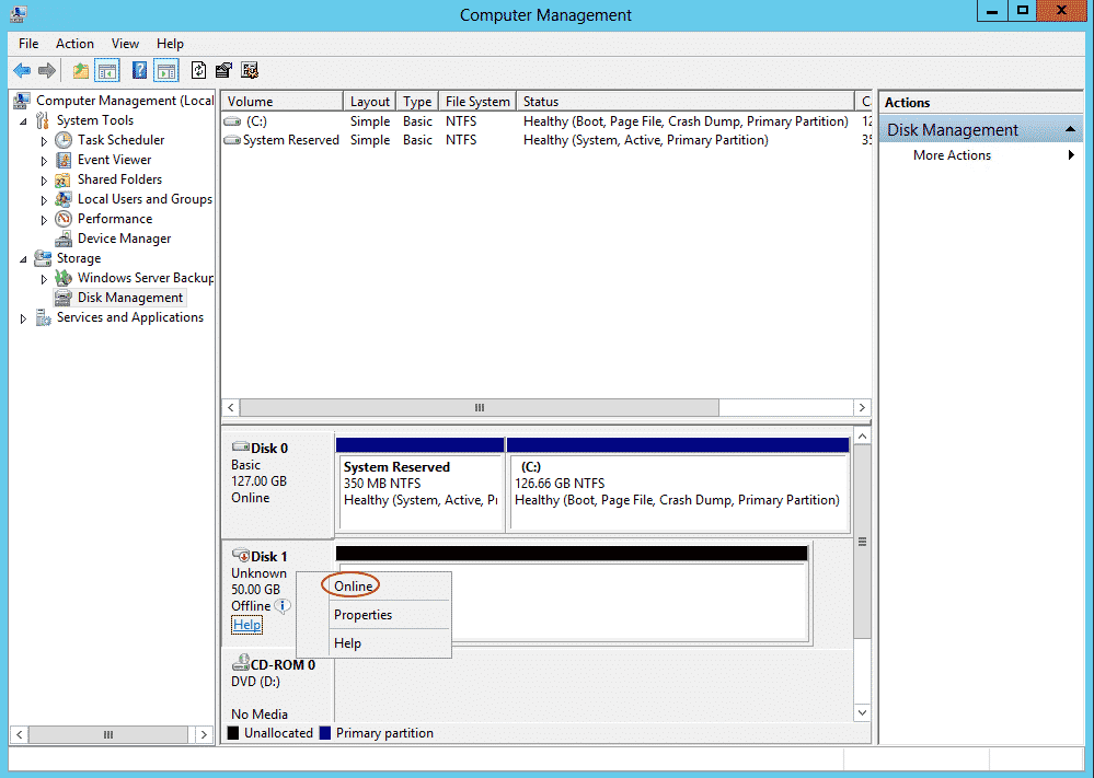 Initializing disk. ISCSI диск. Computer Management-> Storage-> Disk Management как запустить. Basic Action. System Action.